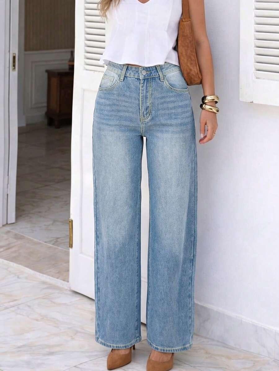 niebieskie proste spodnie jeans