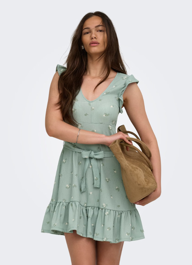 zielona mini sukienka falbany kwiaty v-neck