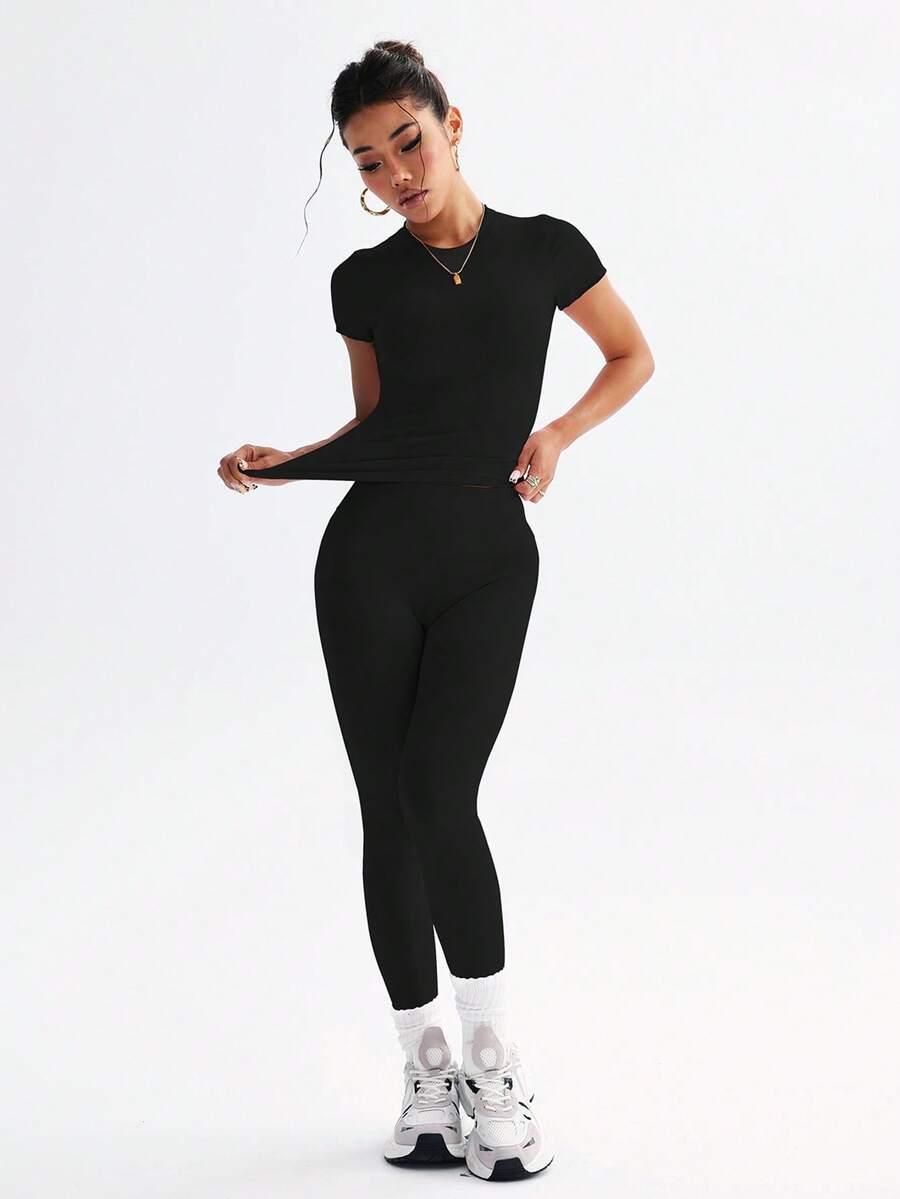 czarny top legginsy komplet 
