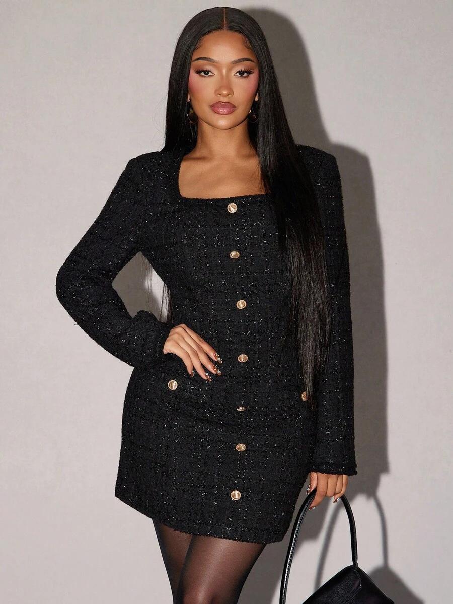 CZARNA MINI SUKIENKA tweed guziki