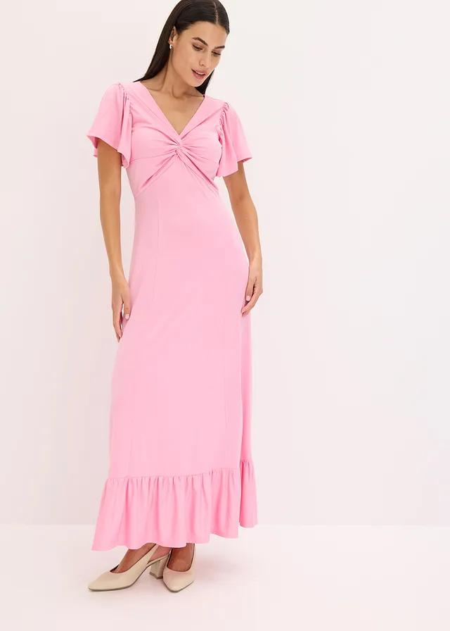 RÓŻOWA MAXI SUKIENKA V NECK SPLOT 