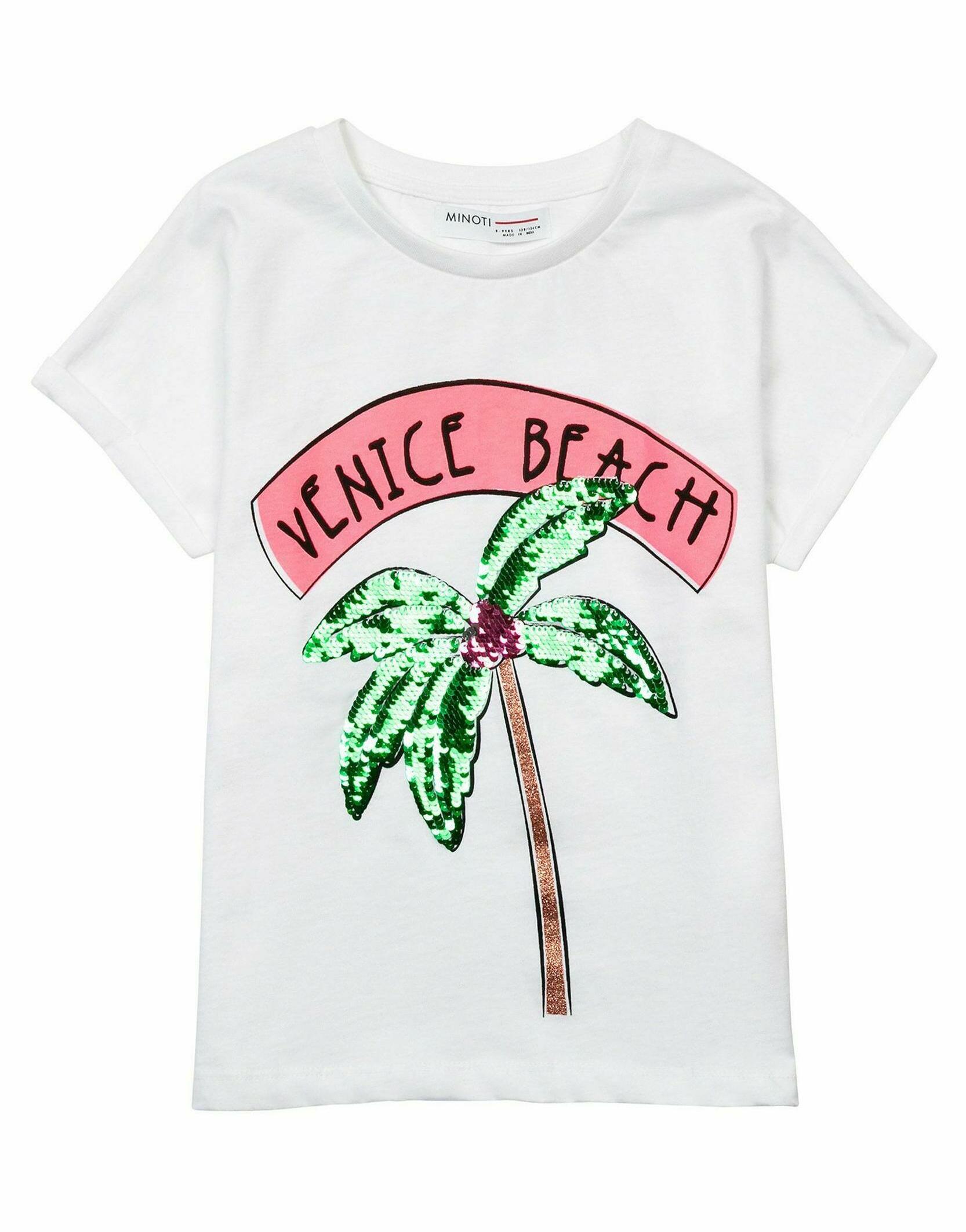 biały t-shirt venice beach print palma cekiny
