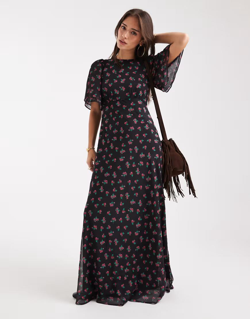 CZARNA MAXI SUKIENKA W KWIATY