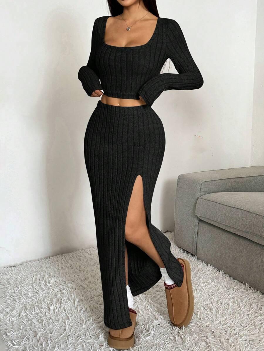 czarny komplet top spódnica maxi