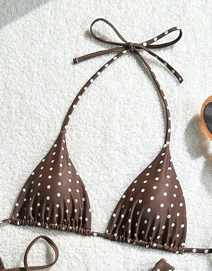 brązowa góra od bikini wzór groszki