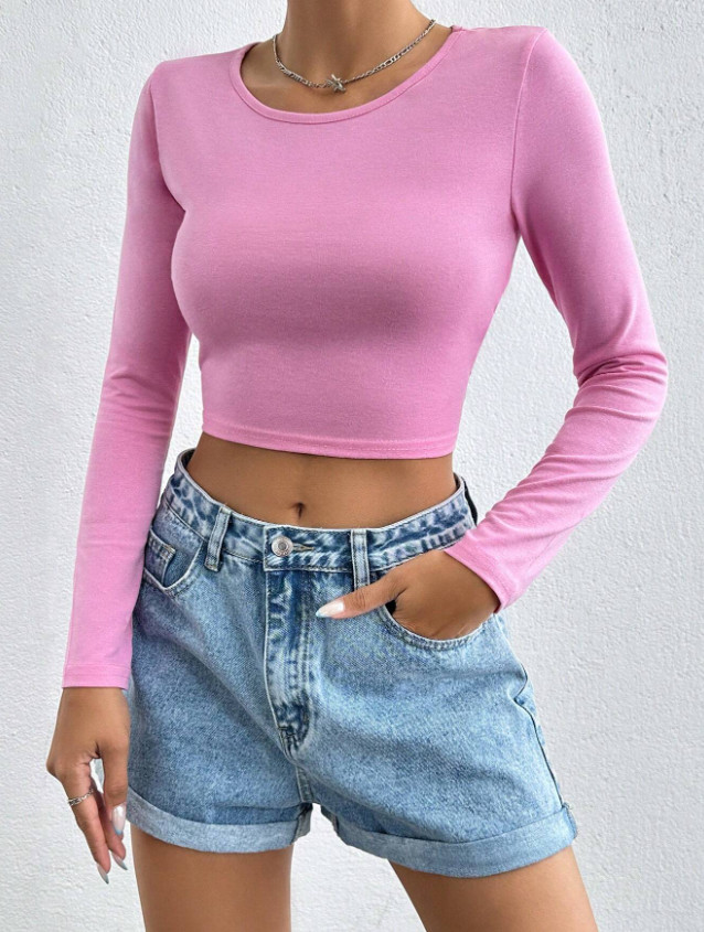 różowy crop top długi rękaw wiązanie