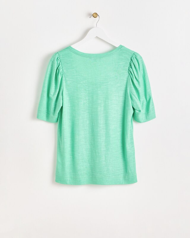 zielona bluzka v-neck bufki połysk