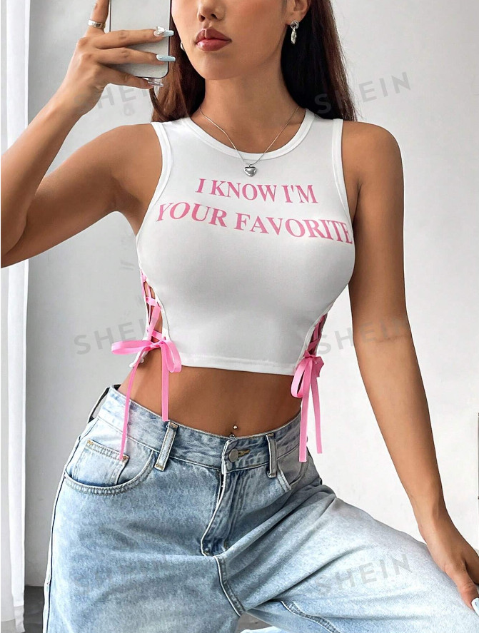 biały crop top bez rękawów wstążki wiązanie nadruk