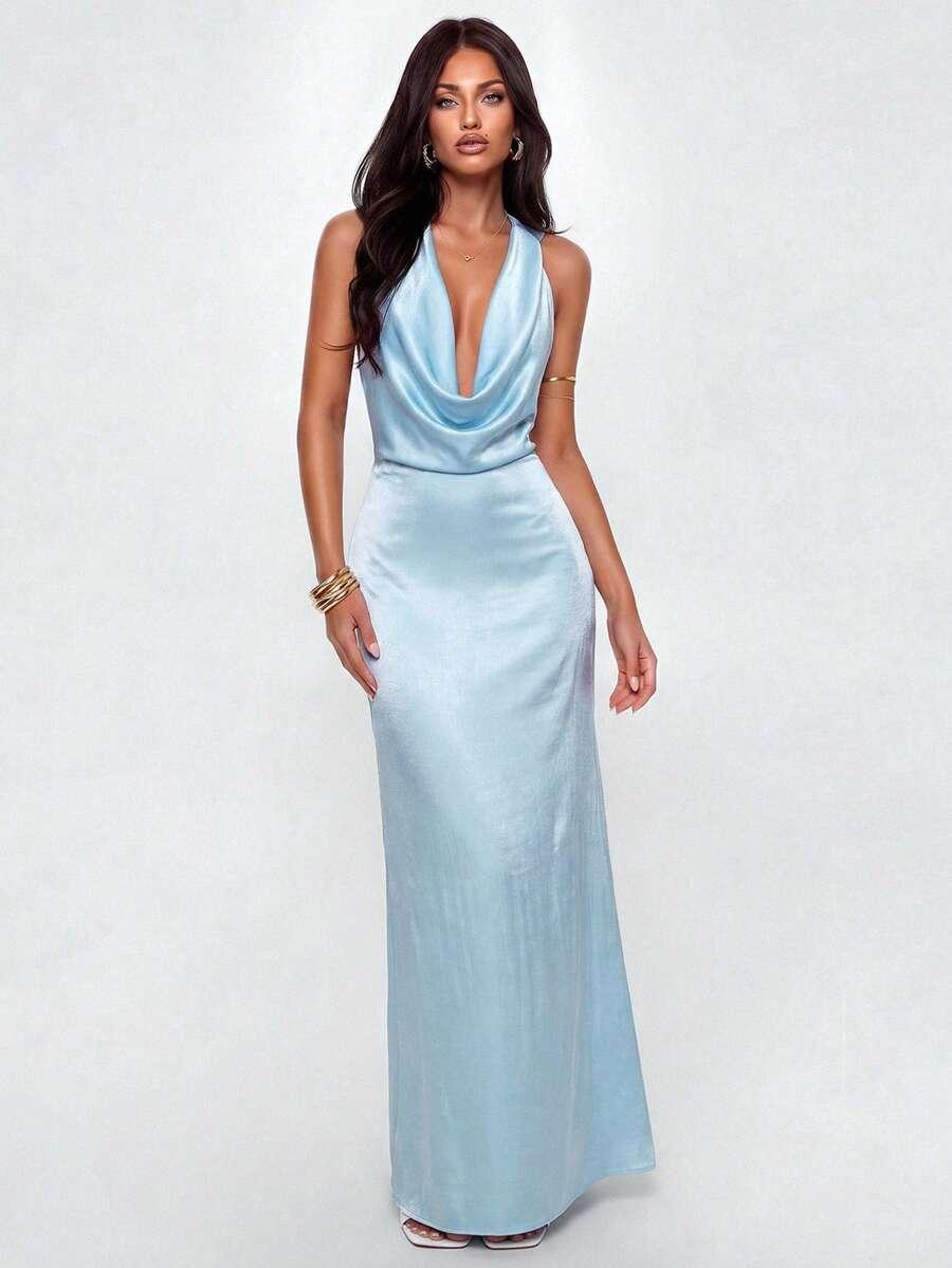 niebieska satynowa sukienka maxi