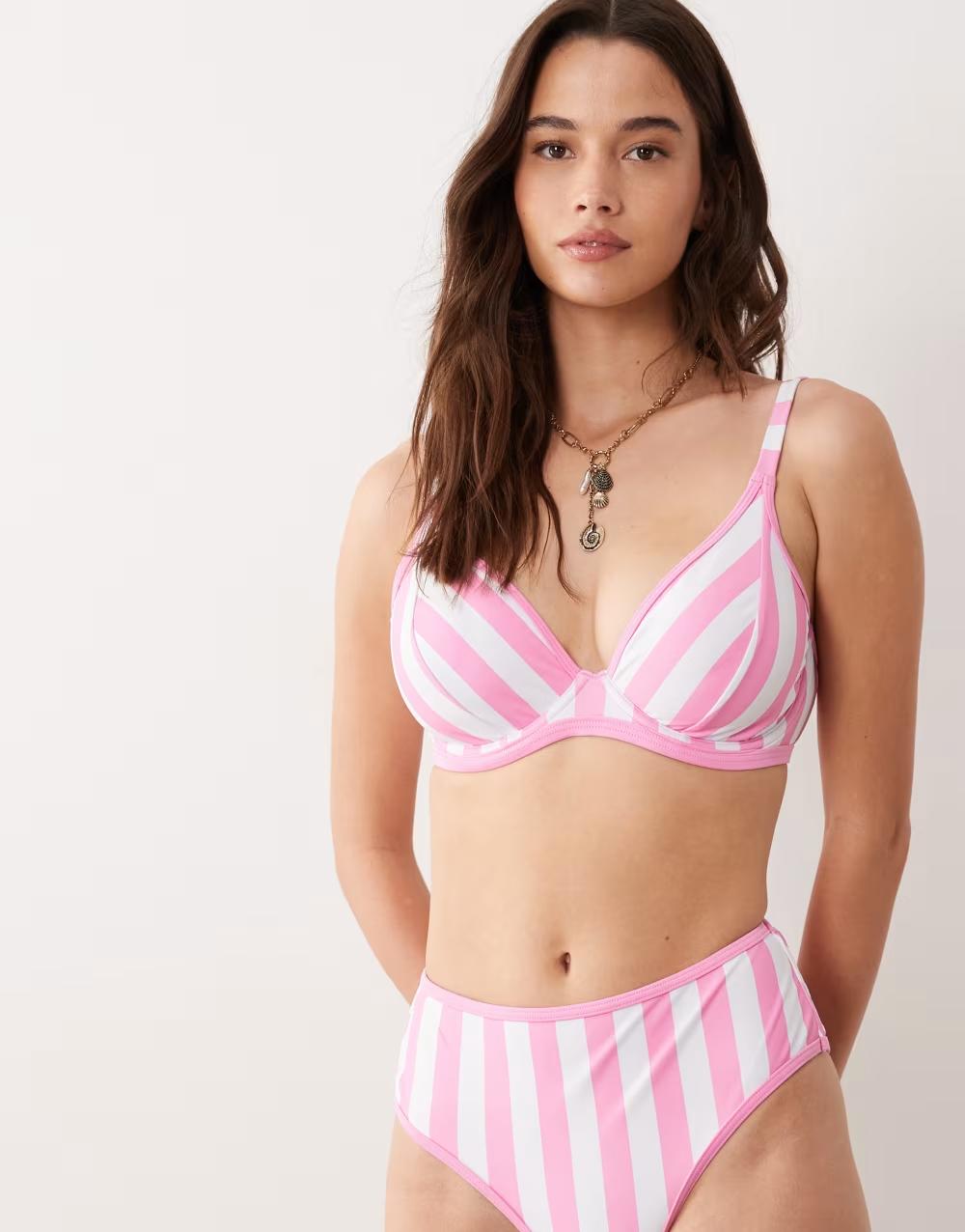 różowa góra od bikini wzór paski