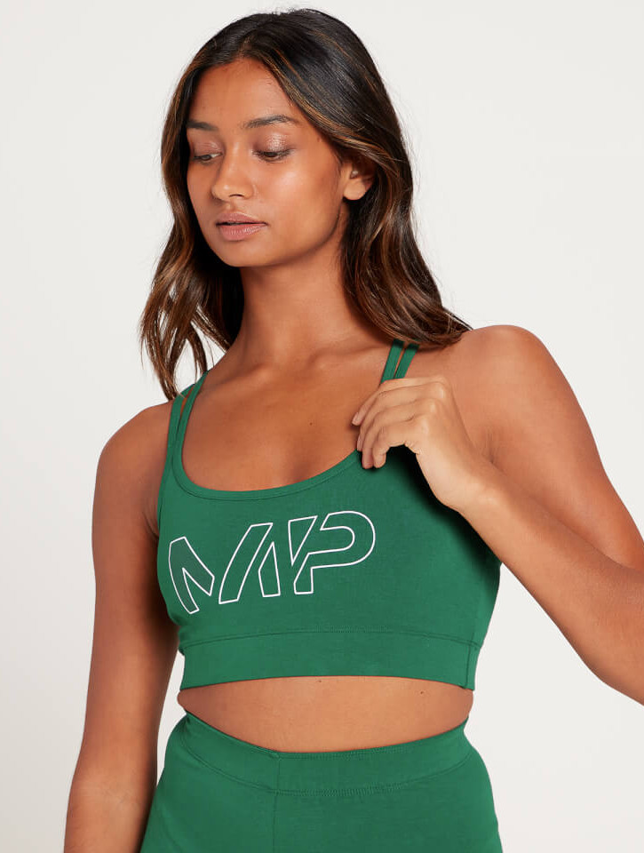 zielony biustonosz sportowy nadruk logo paski