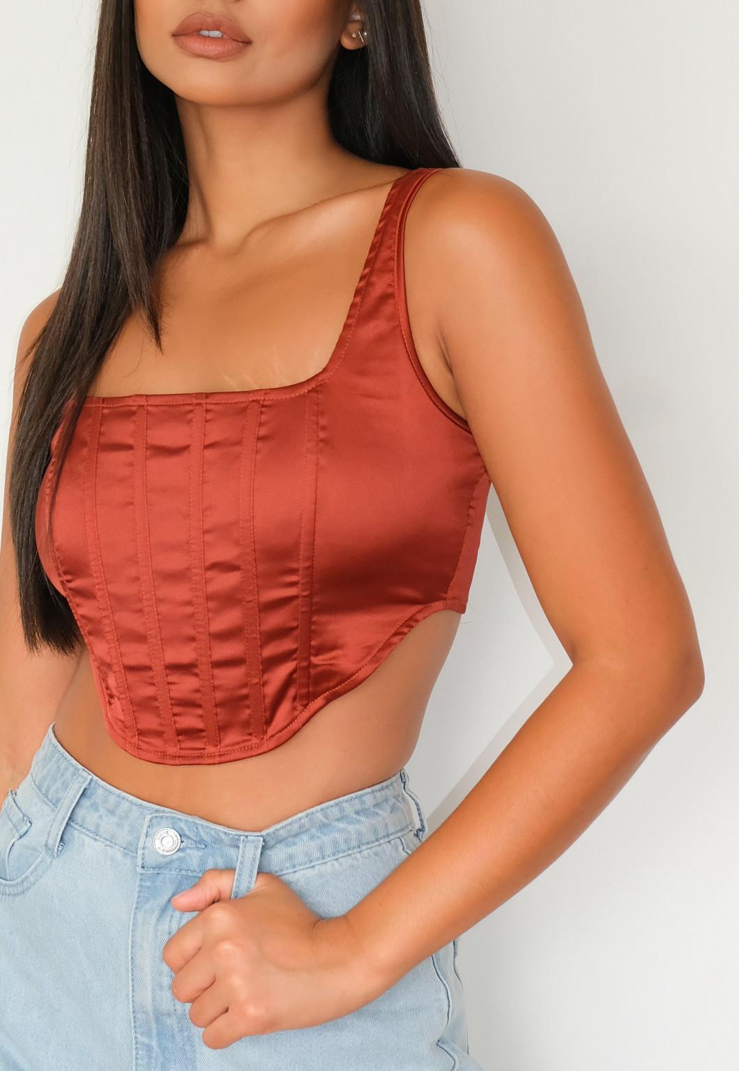 brązowy satynowy CROP TOP RAMIĄCZKA