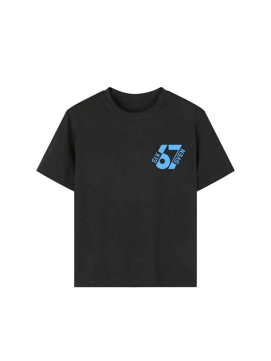 CZARNY T-SHIRT PRINT OKRĄGŁY DEKOLT