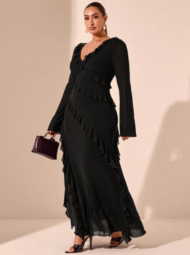 CZARNA MAXI SUKIENKA V-NECK