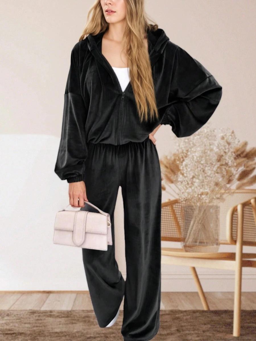 WELUROWY CZARNY KOMPLET BLUZA SPODNIE
