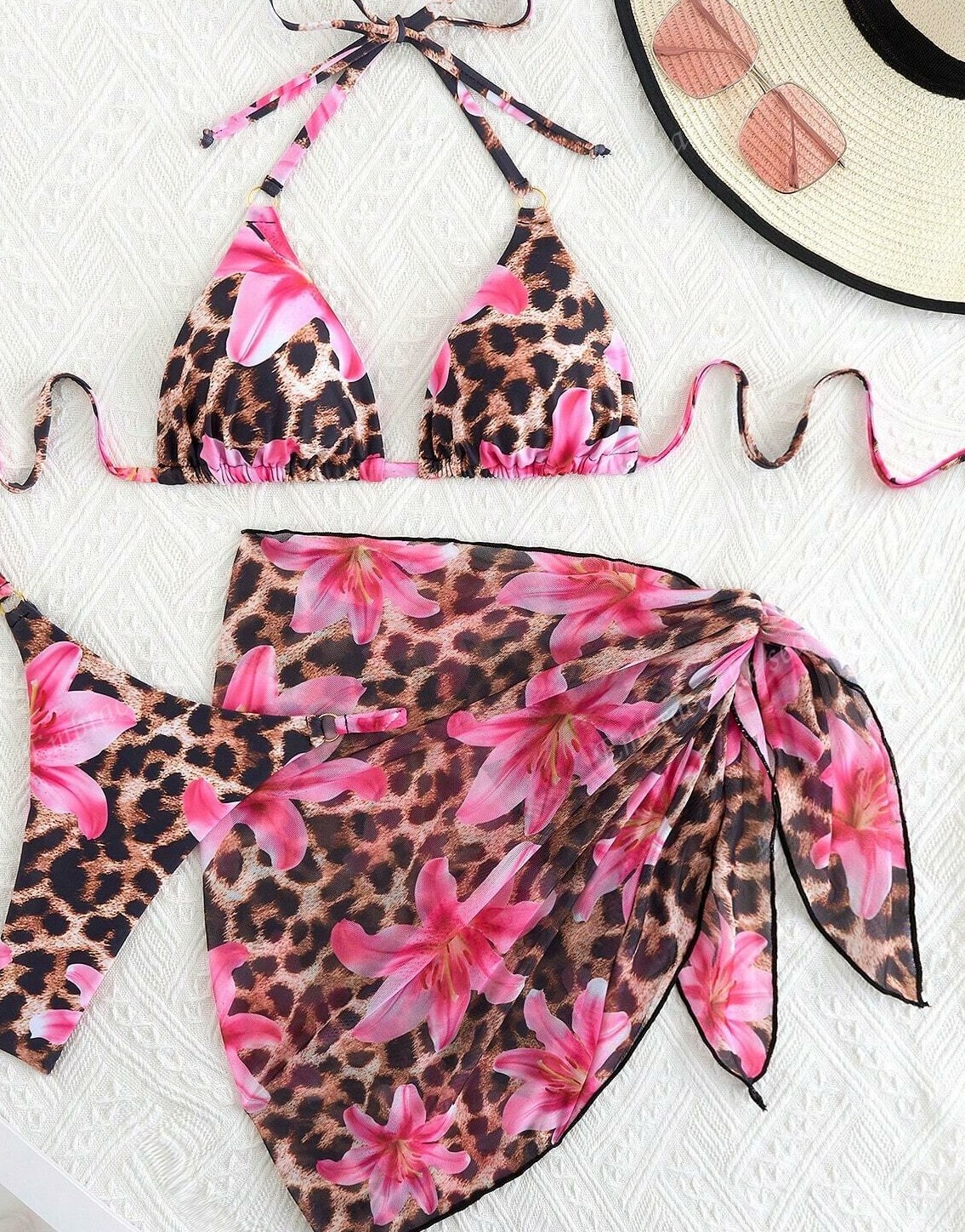 góra od bikini pareo komplet animal print kwiaty 