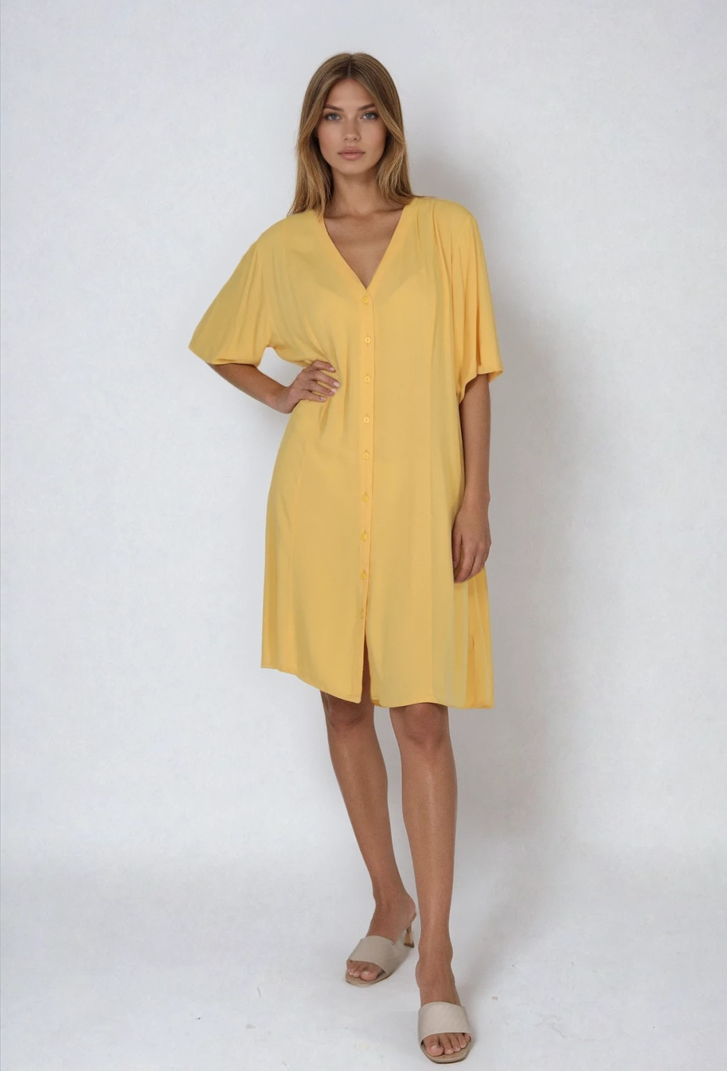 ŻÓŁTA SUKIENKA V-NECK GUZIKI