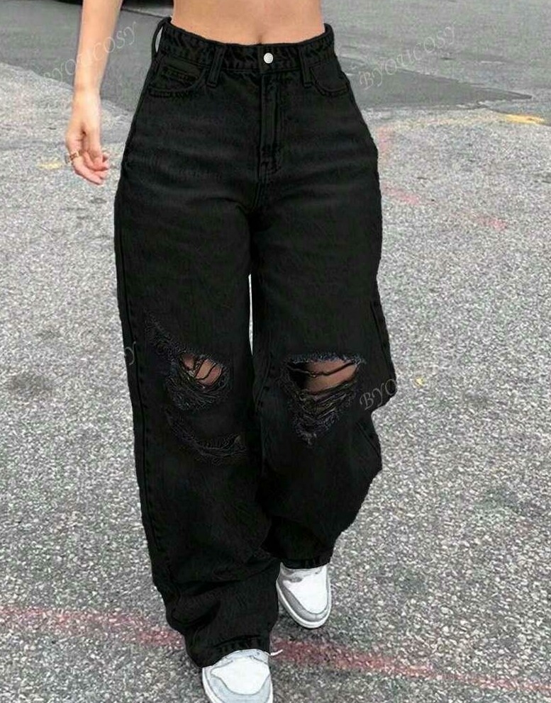 czarne spodnie jeans przetarcia