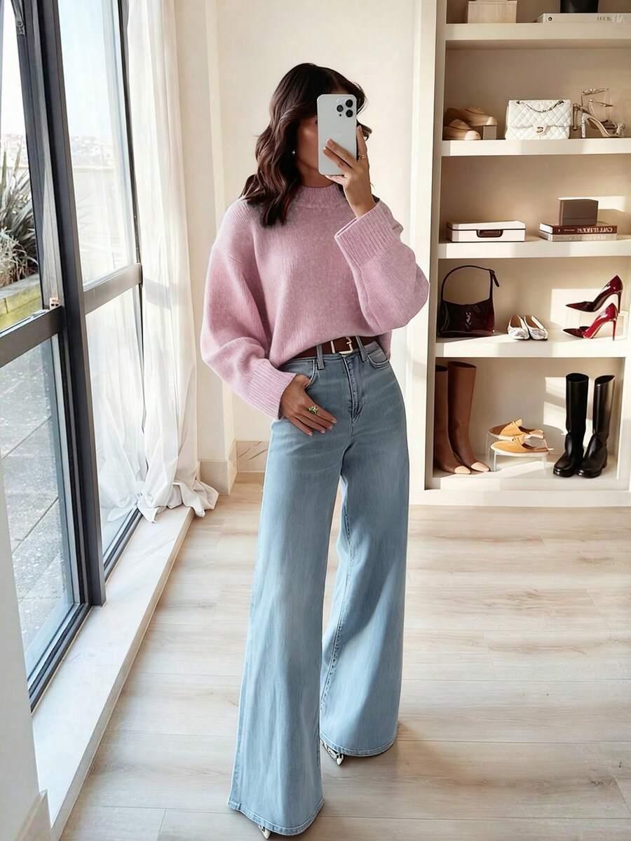 RÓŻOWY SWETER OKRĄGŁY DEKOLT 