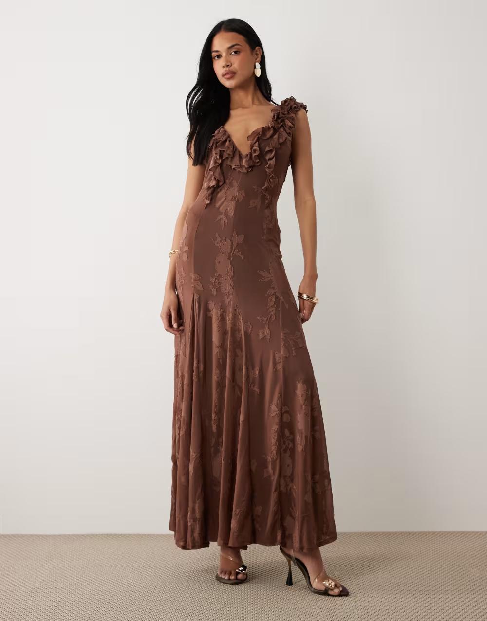 BRĄZOWA MAXI SUKIENKA V-NECK
