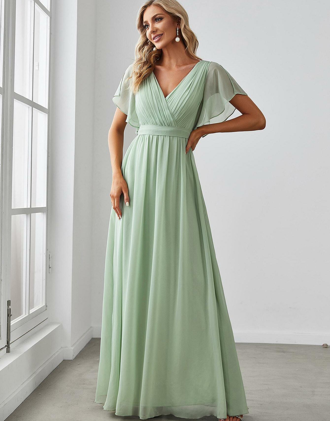 ZIELONA MAXI SZYFONOWA SUKIENKA V NECK
