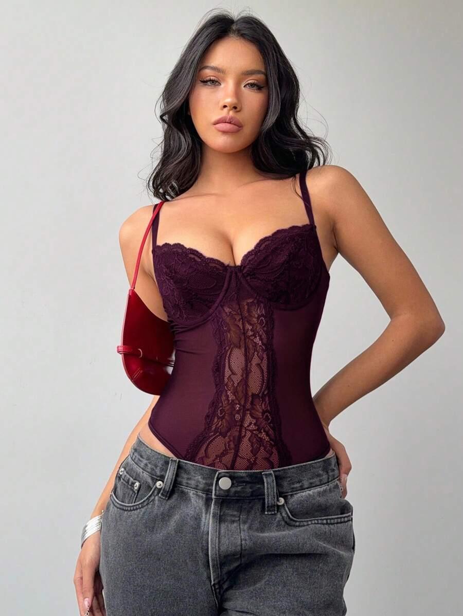 burgundowe body koronka siateczka