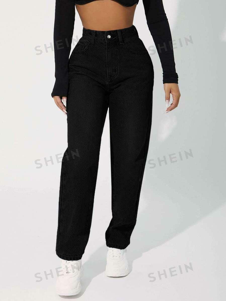 CZARNE SPODNIE MOM JEANS KIESZENIE ZAMEK