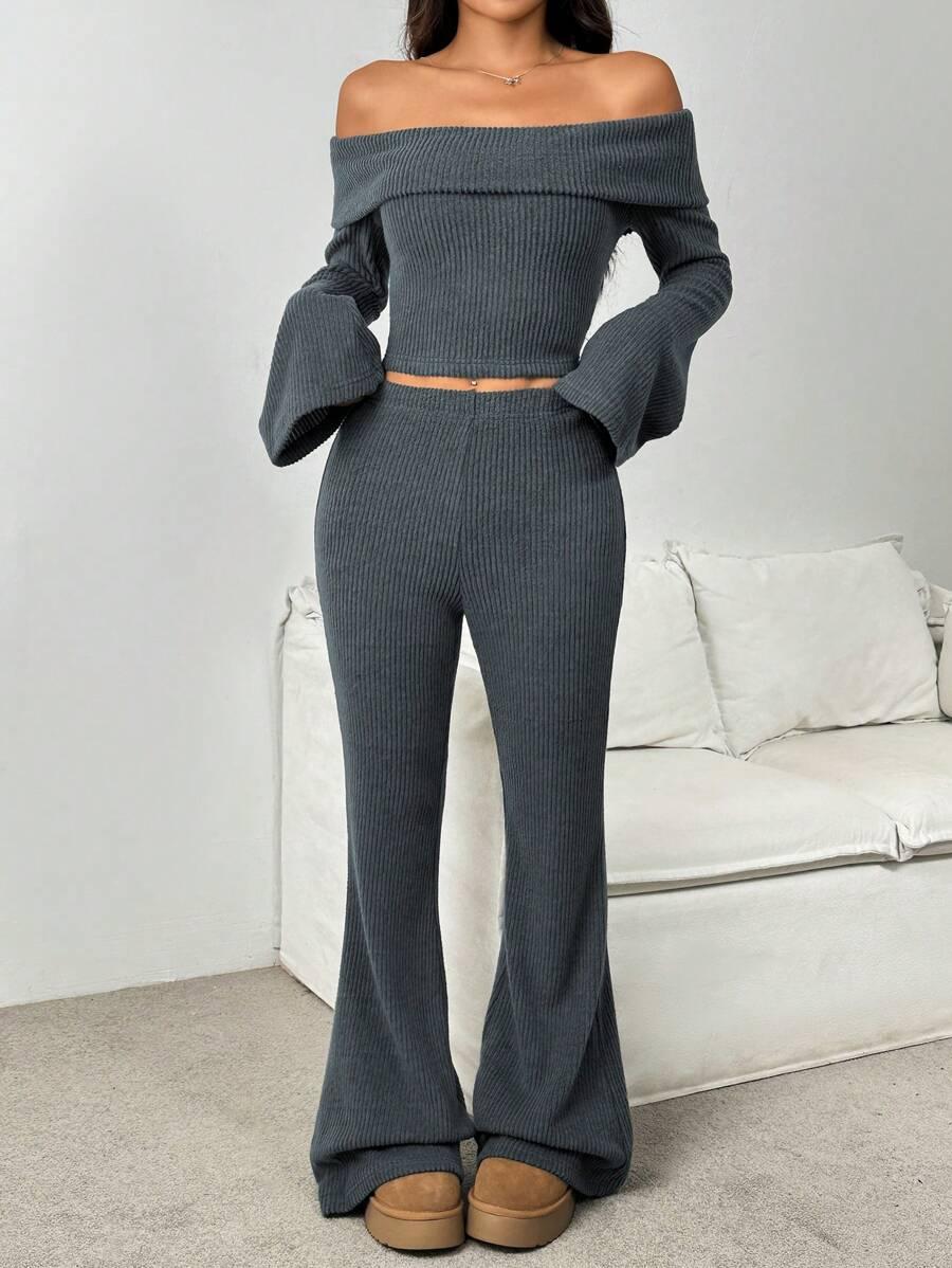 SWETER SPODNIE KOMPLET DZIANINOWY