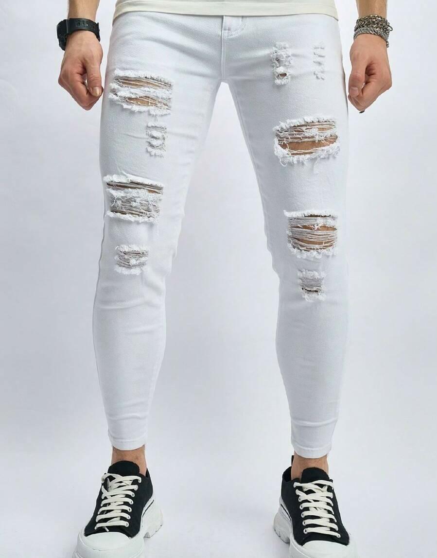 białe spodnie rurki jeans ripped 