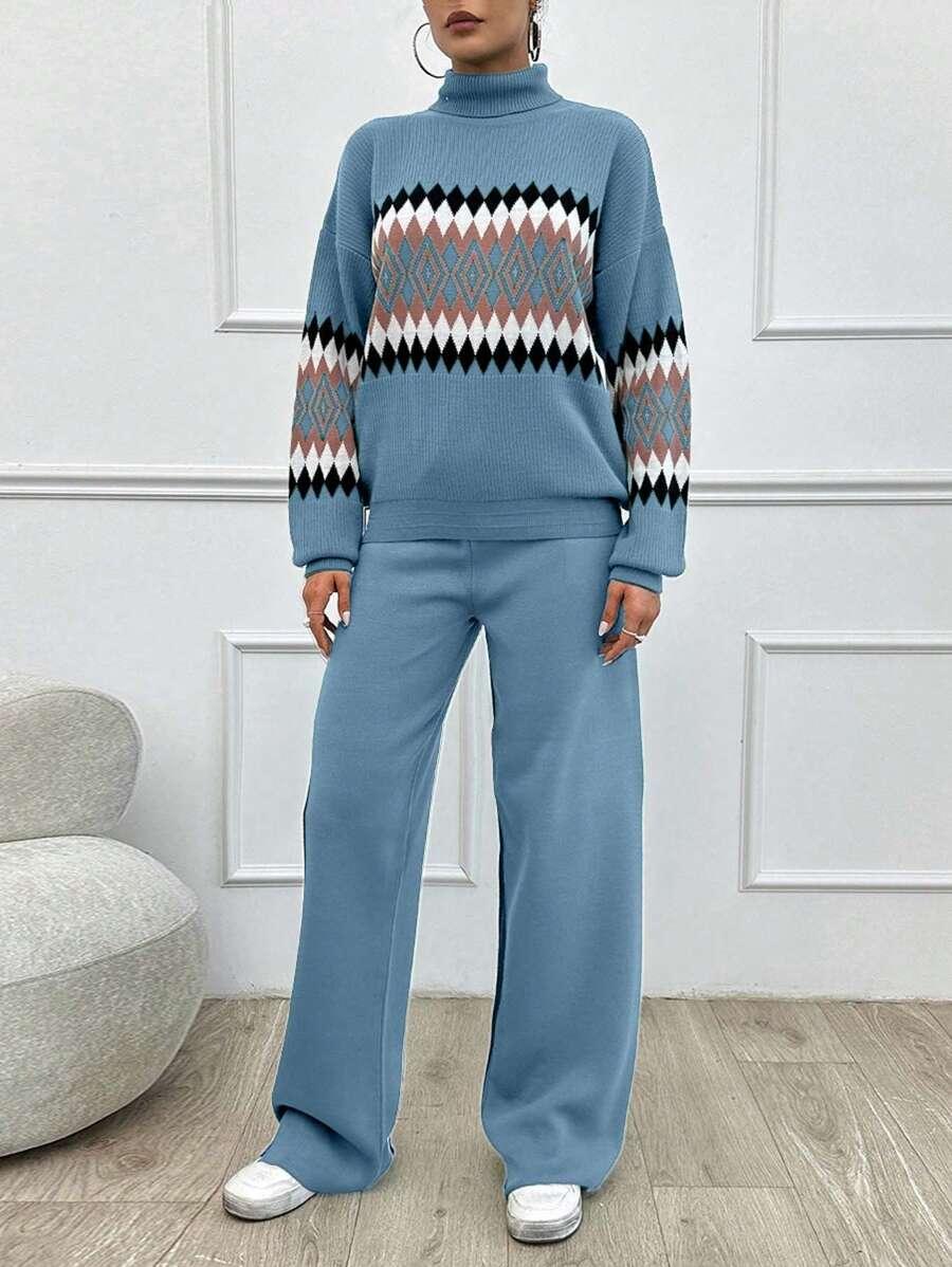 DZIANINOWY KOMPLET SWETER SPODNIE