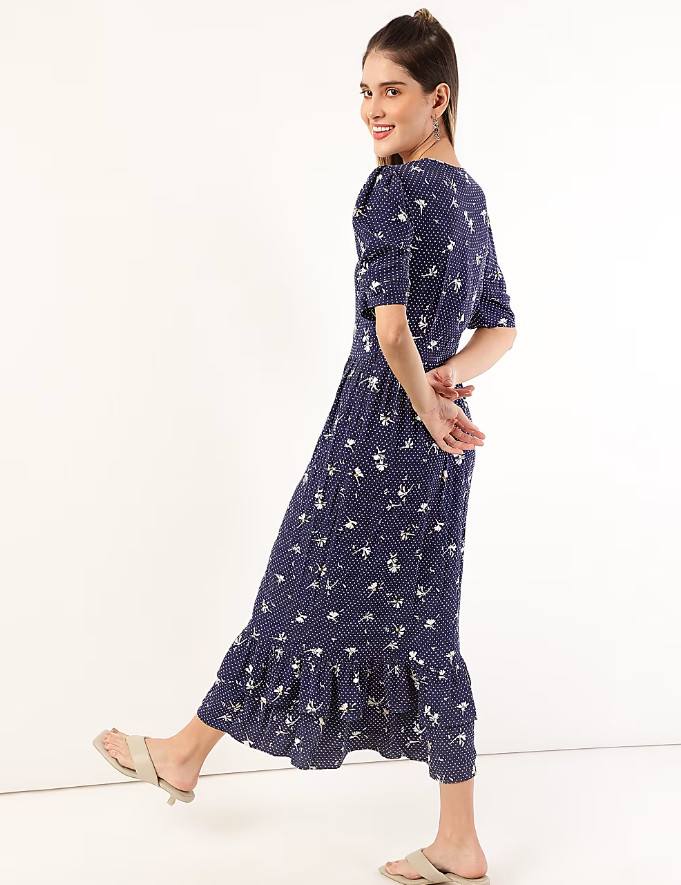 GRANATOWA MIDI SUKIENKA PRINT T69-6008X-F4