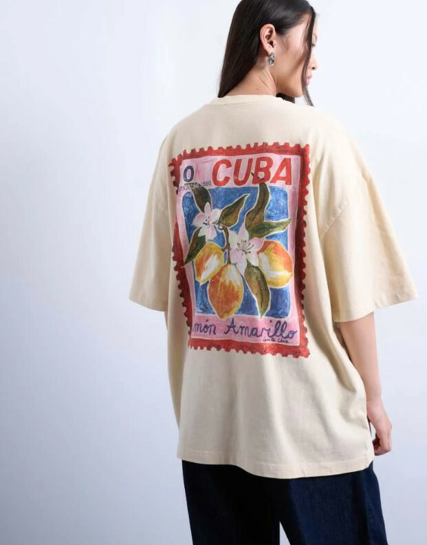BEŻOWY T-SHIRT NADRUK CUBA