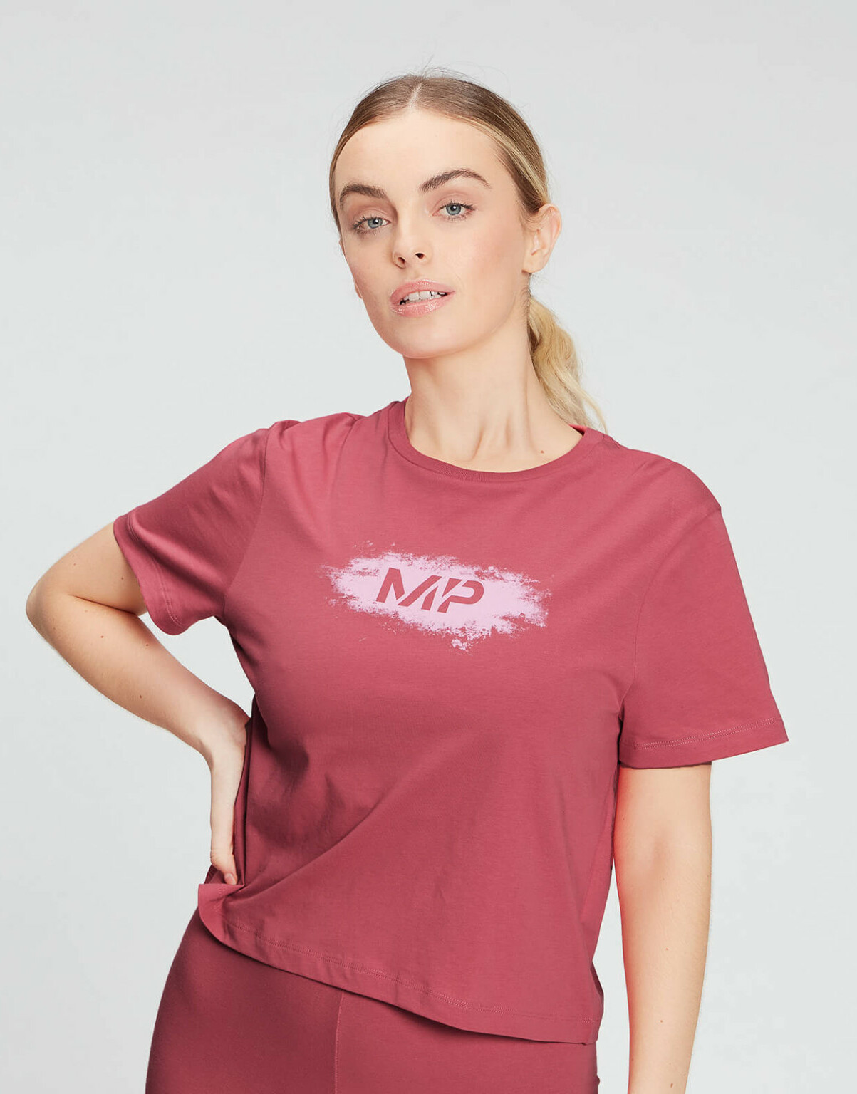 różowy krótki t-shirt logo okrągły dekolt