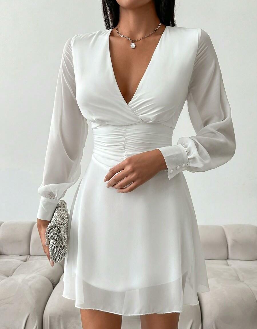 BIAŁA SUKIENKA DŁUGI RĘKAW V-NECK 