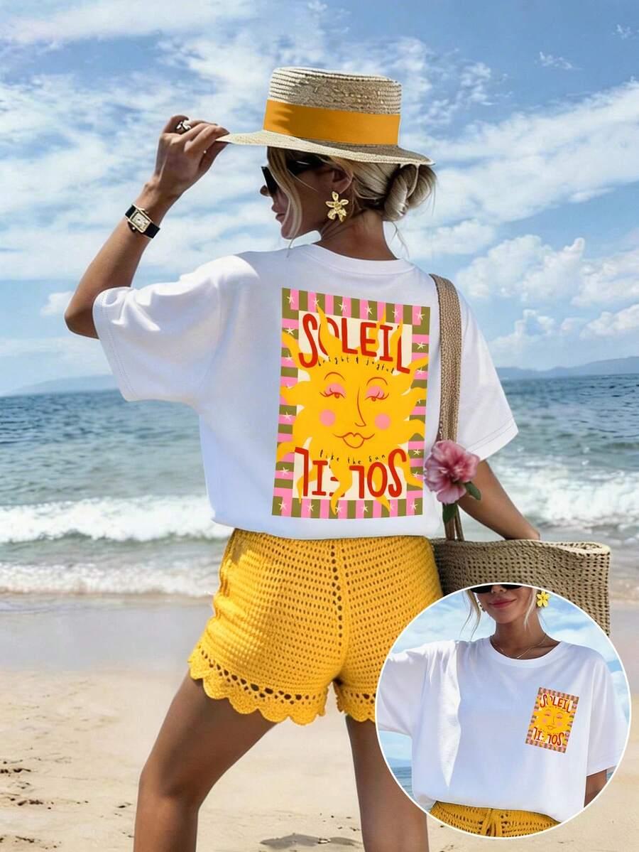 t-shirt okrągły dekolt nadruk 