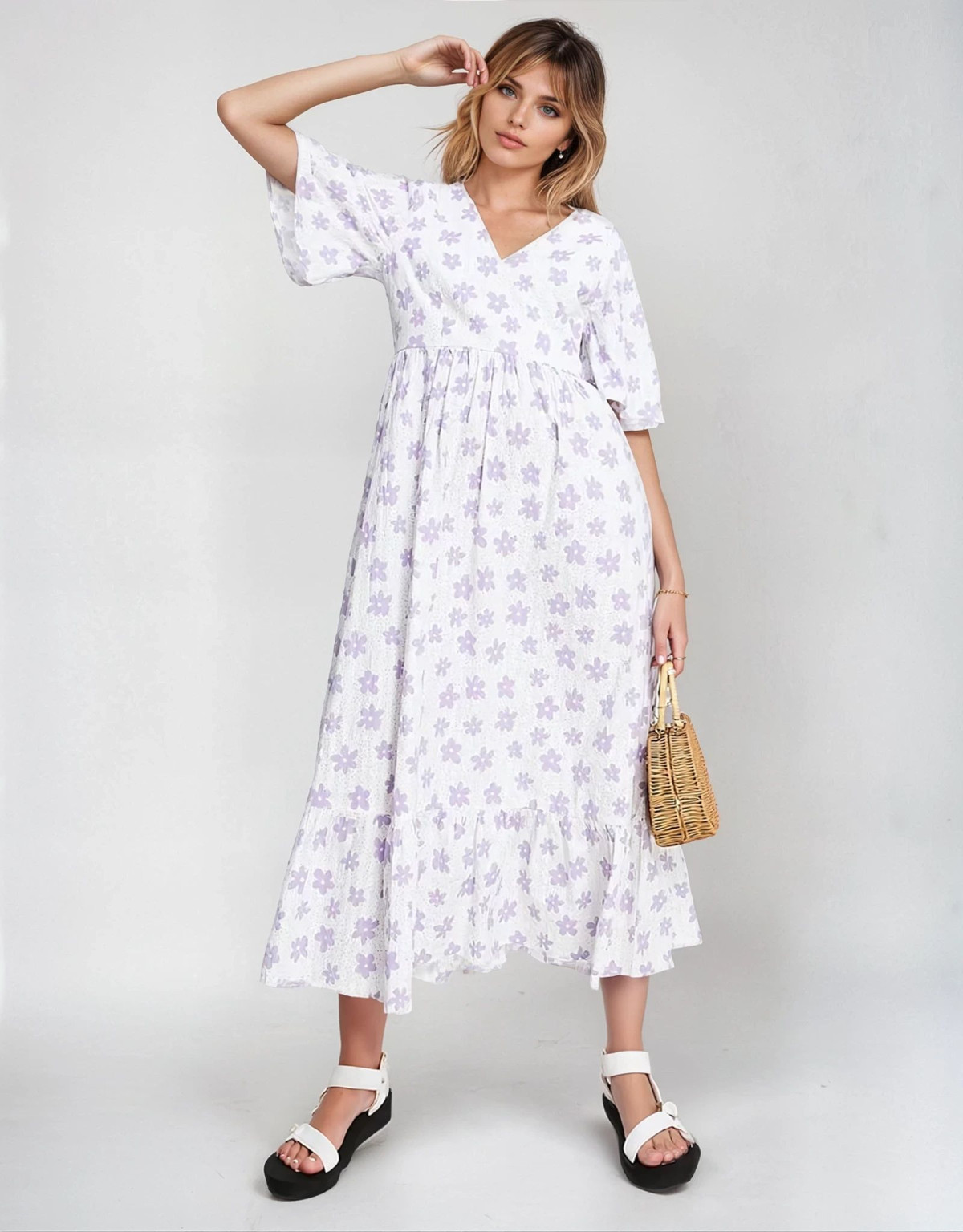 SUKIENKA V-NECK FALBANA PRINT