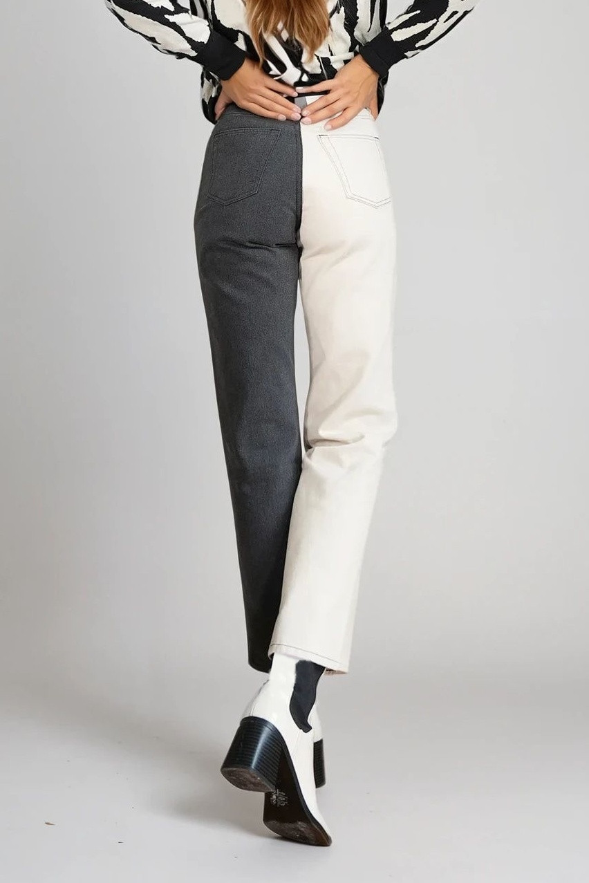 spodnie jeans asymetria kontrast