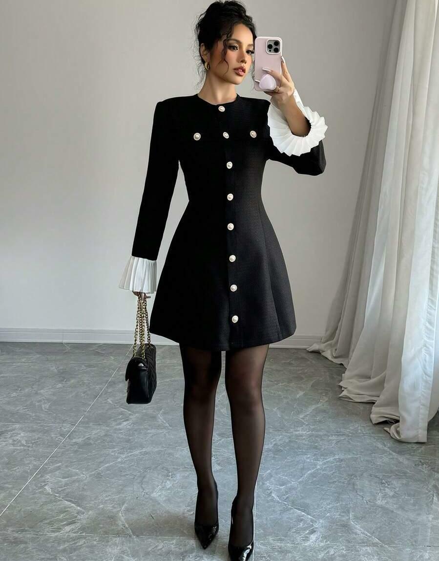 CZARNA MINI SUKIENKA MANKIETY FALBANA