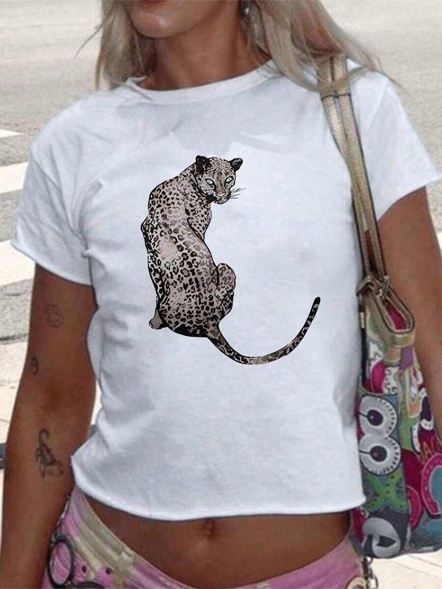 BIAŁY GŁADKI T-SHIRT PRINT OKRĄGŁY DEKOLT