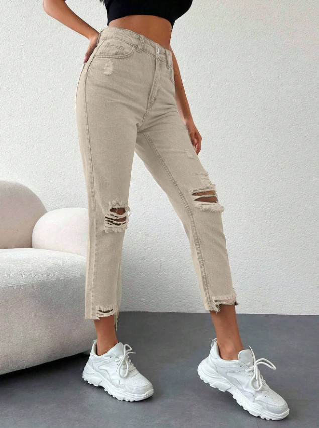 BEŻOWE SPODNIE JEANS PRZETARCIA