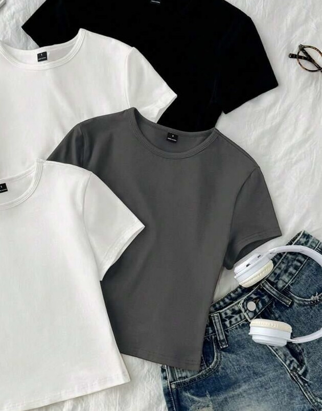 szary t-shirt okrągły dekolt 