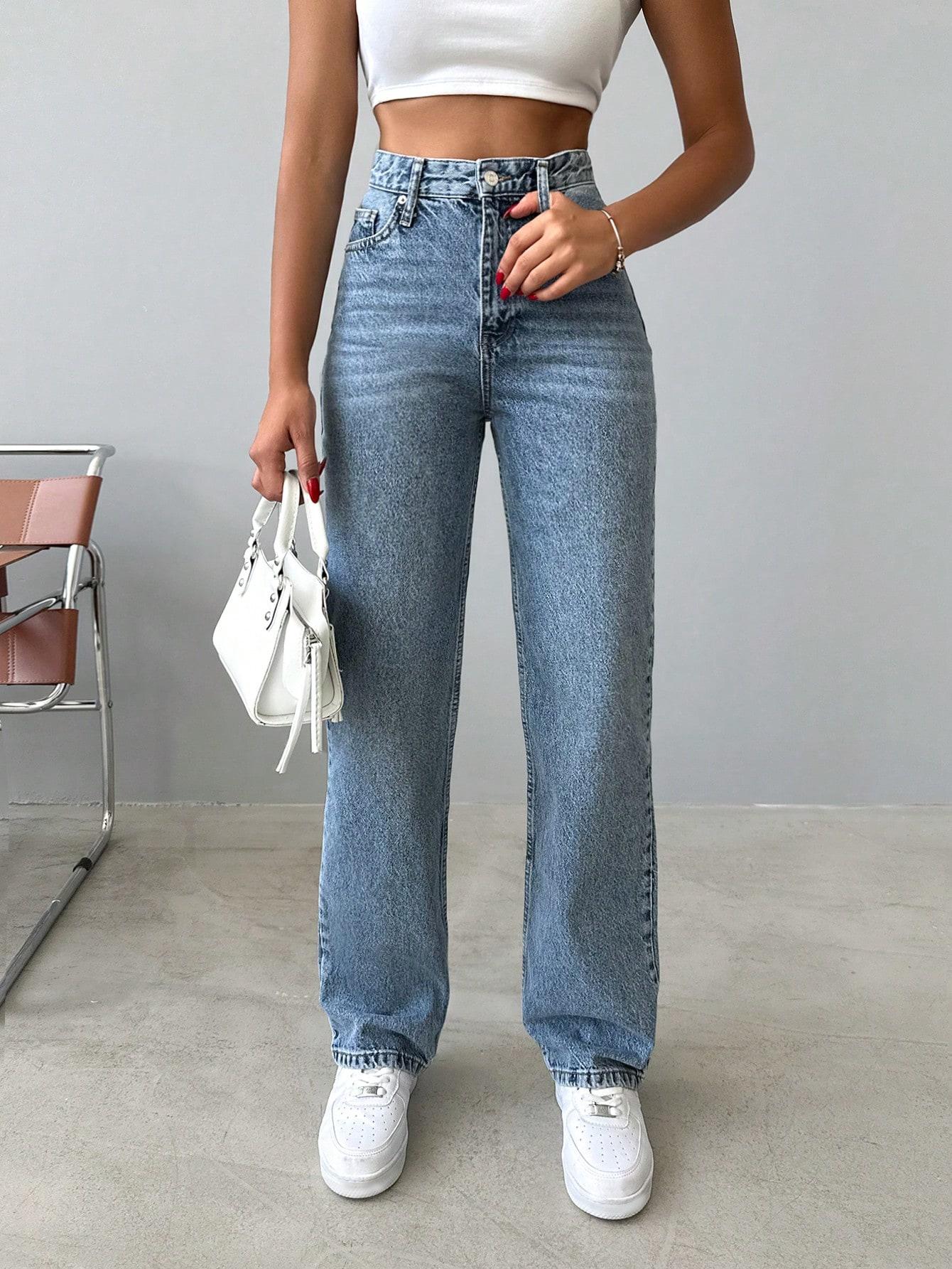 NIEBIESKIE SPODNIE JEANS PROSTA NOGAWKA KIESZENIE ZAMEK