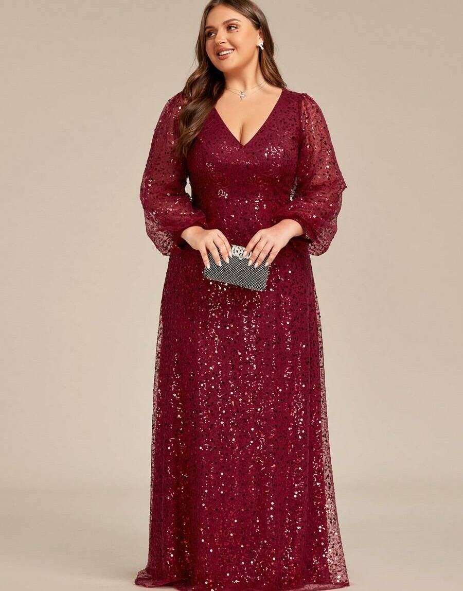 czerwona maxi sukienka zdobienie cekiny v-neck