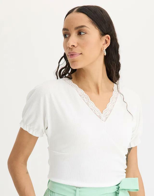 BIAŁA PRĄŻKOWANA BLUZKA V-NECK KORONKA