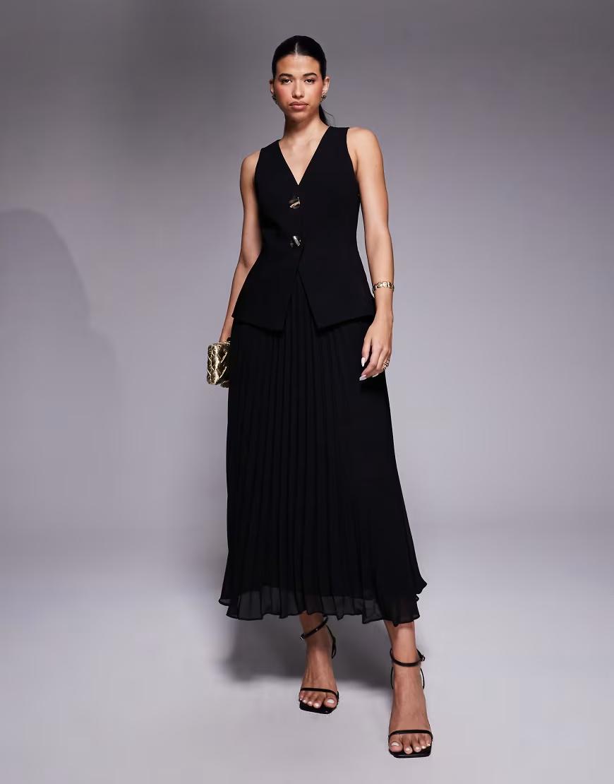 CZARNA MAXI SUKIENKA BEZ RĘKAWÓW V-NECK PLISY
