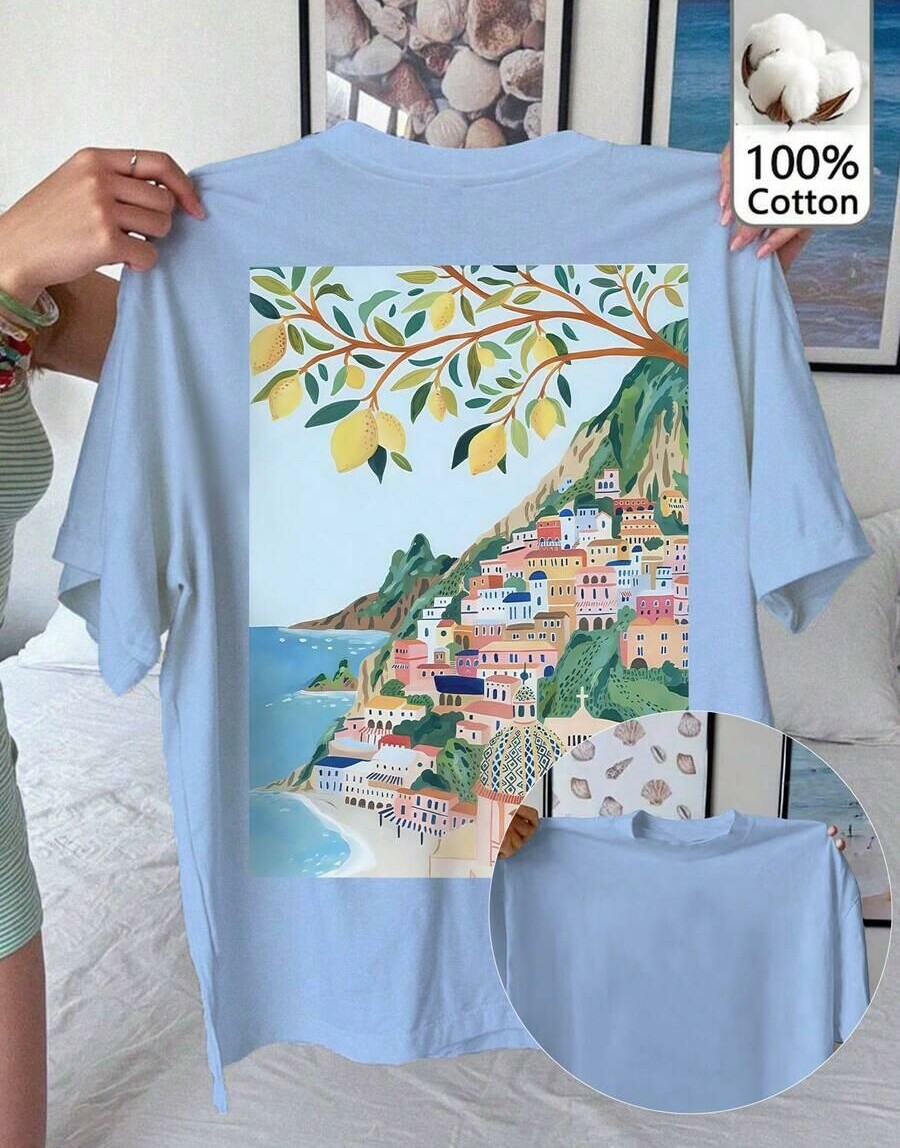 niebieski t-shirt nadruk