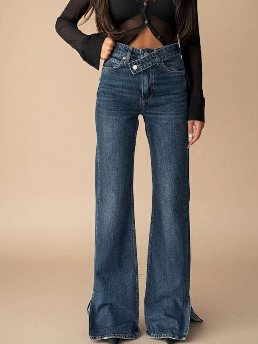 spodnie jeans rozcięcie asymetria