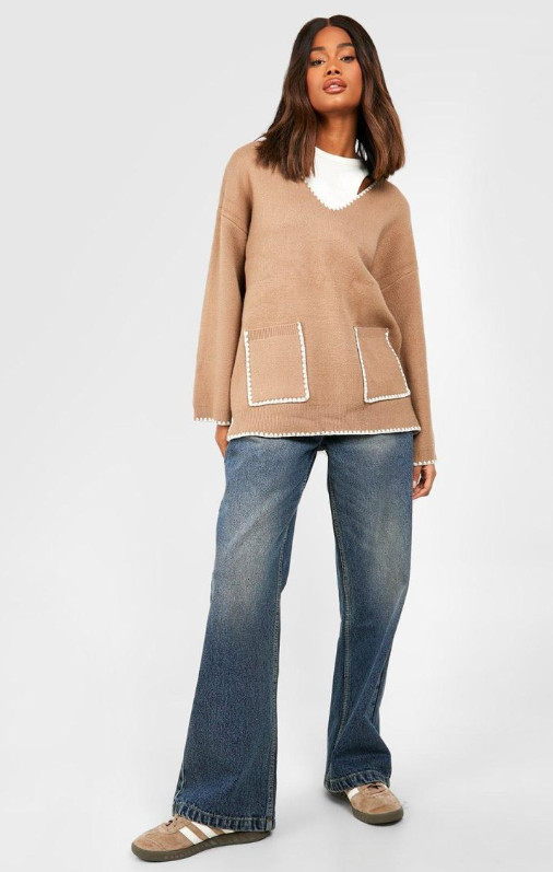 brązowy sweter kieszenie
