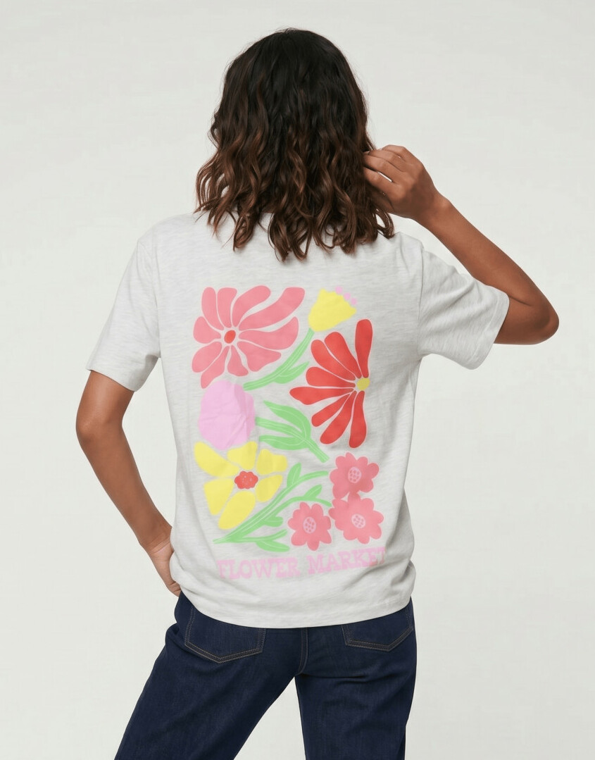 szary t-shirt oversize nadruk kwiaty