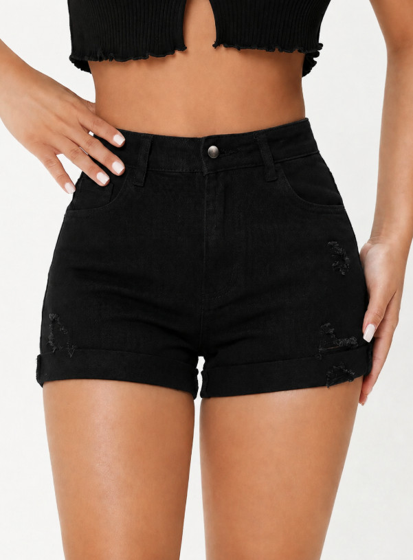 CZARNE KRÓTKIE SPODENKI Z PRZETARCIAMI JEANS